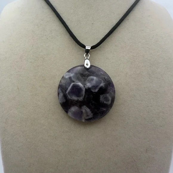 Round Dream/Chevron Amethyst Pendant on Satin Rope - Picture 5 of 10